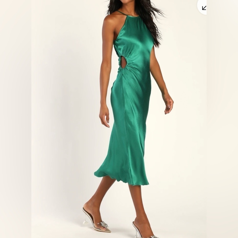 Lulus Green Satin Cut Out Midi Dress with a Slit Size Large